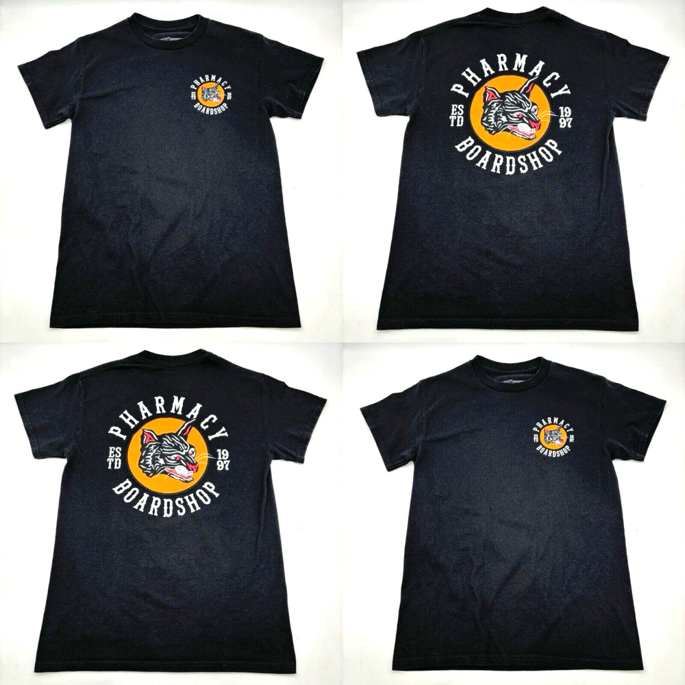 Pharmacy Boardshop Traditional Style Black Cat Graphic Print Black T-shirt Small